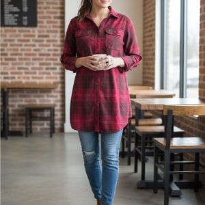Red Plaid Button-Up Shirt Dress